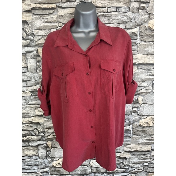 Coldwater Creek Tops - Vintage 90s Coldwater Creek Silk Blouse & Skirt Set Red Roll Tab Sleeve Sz PXL
